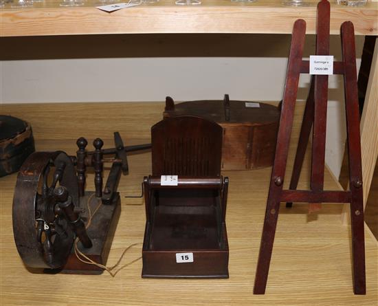 An antique cording machine, a multiple thread winder, a miniature easel and a wool box (4)
